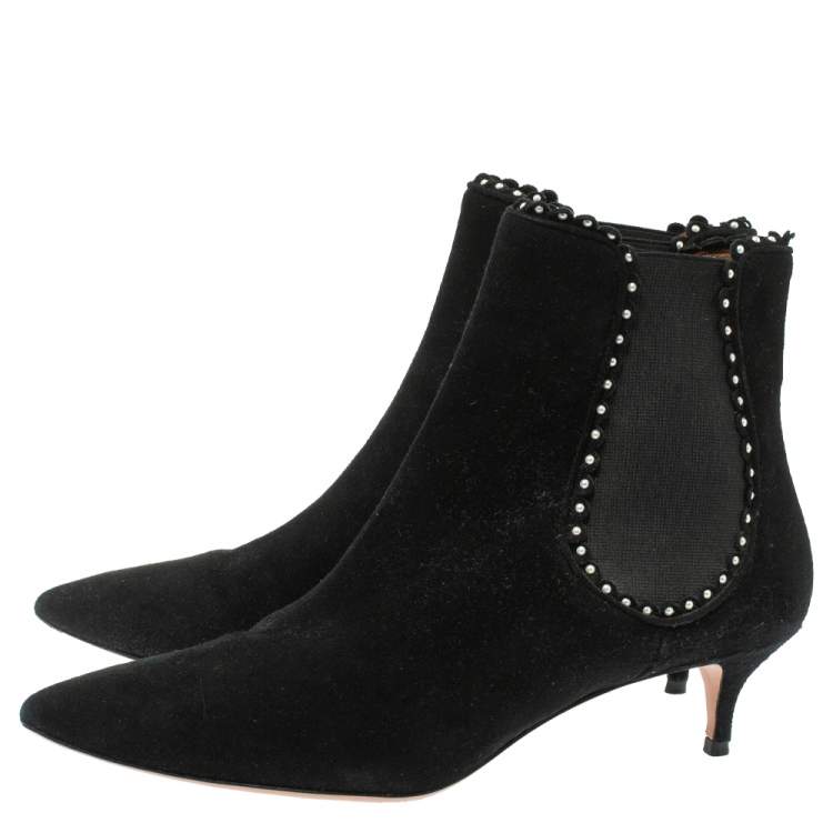 Pre Owned Aquazzura Black Suede Pearl Layered Ankle Boots Size 38.5