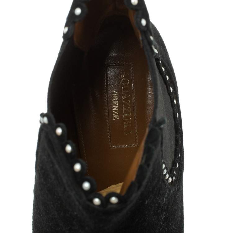 Pre Owned Aquazzura Black Suede Pearl Layered Ankle Boots Size 38.5