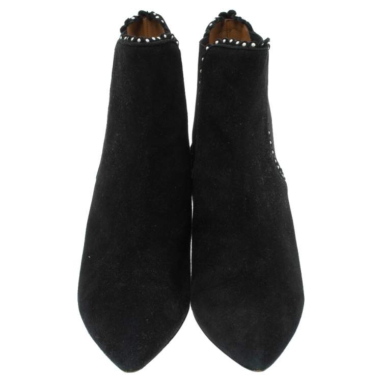 Pre Owned Aquazzura Black Suede Pearl Layered Ankle Boots Size 38.5