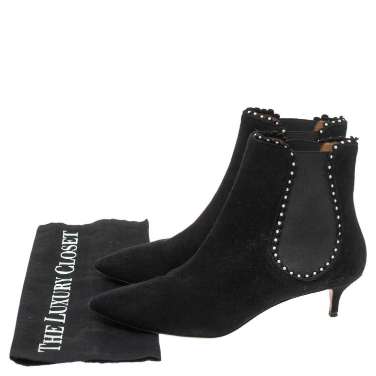 Pre Owned Aquazzura Black Suede Pearl Layered Ankle Boots Size 38.5