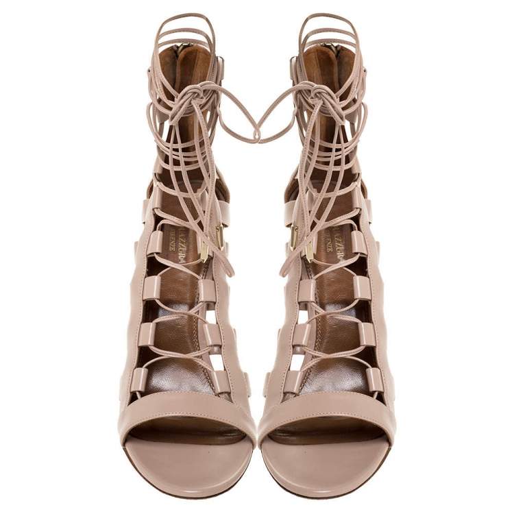 Pre Owned Aquazzura Beige Leather Amazon Lace Up Open Toe Sandals Size 39