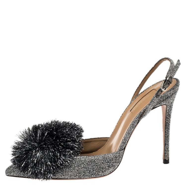 Pre Owned Aquazzura Silver Shimmery Fabric Powder Puff Pointed Toe Slingback Sandals Size 40.5