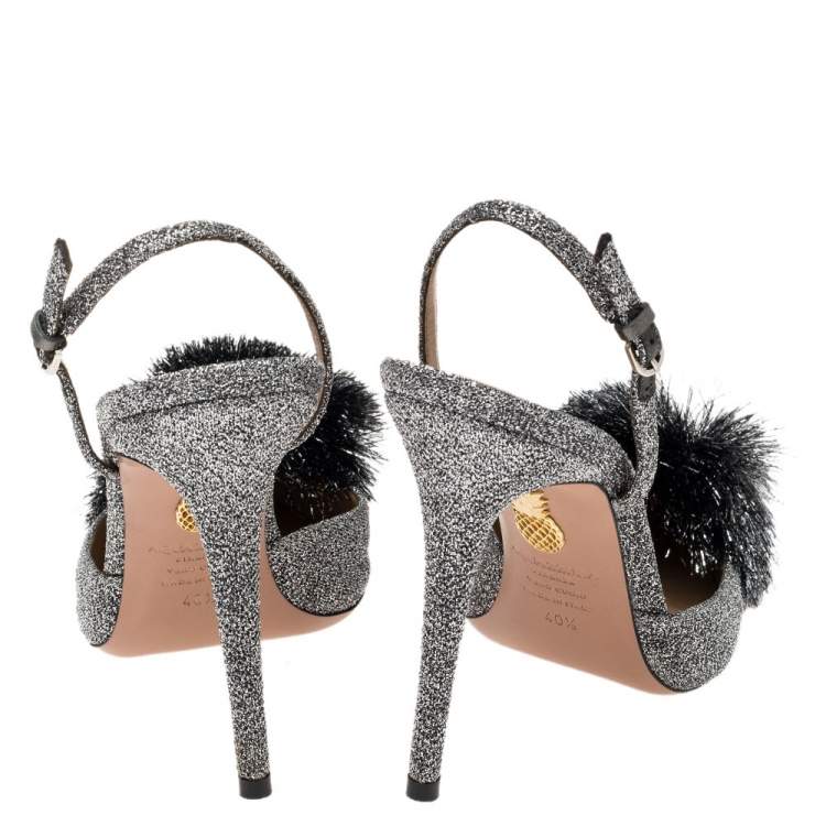 Pre Owned Aquazzura Silver Shimmery Fabric Powder Puff Pointed Toe Slingback Sandals Size 40.5
