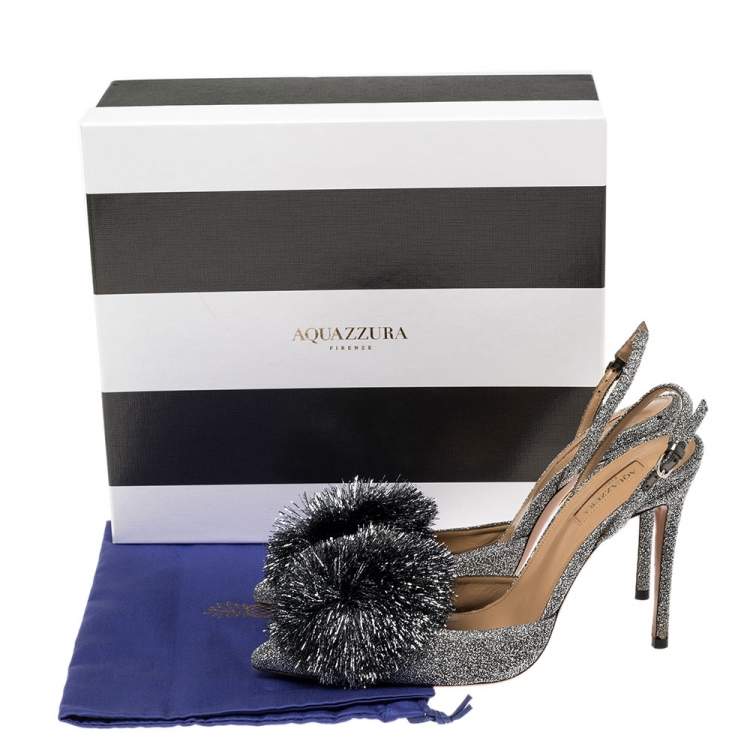 Pre Owned Aquazzura Silver Shimmery Fabric Powder Puff Pointed Toe Slingback Sandals Size 40.5