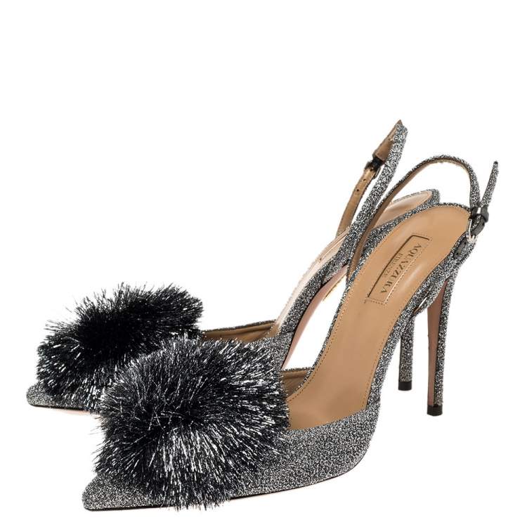 Pre Owned Aquazzura Silver Shimmery Fabric Powder Puff Pointed Toe Slingback Sandals Size 40.5