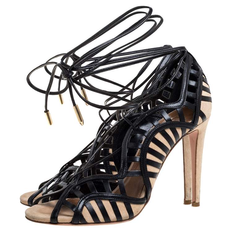 Pre Owned Aquazzura Black/Beige Suede And Leather Tie Up Sandals Size 38.5
