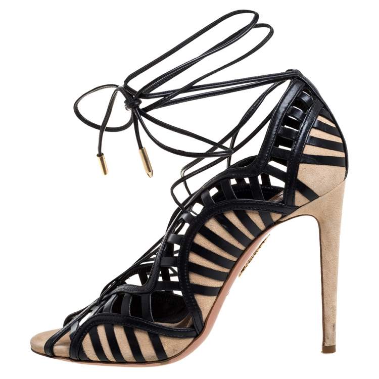 Pre Owned Aquazzura Black/Beige Suede And Leather Tie Up Sandals Size 38.5