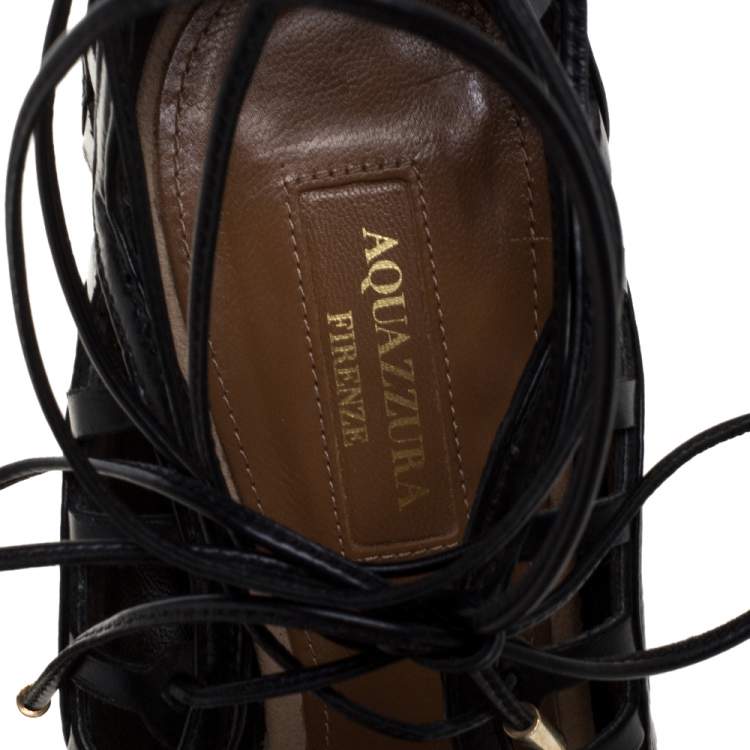 Pre Owned Aquazzura Black/Beige Suede And Leather Tie Up Sandals Size 38.5