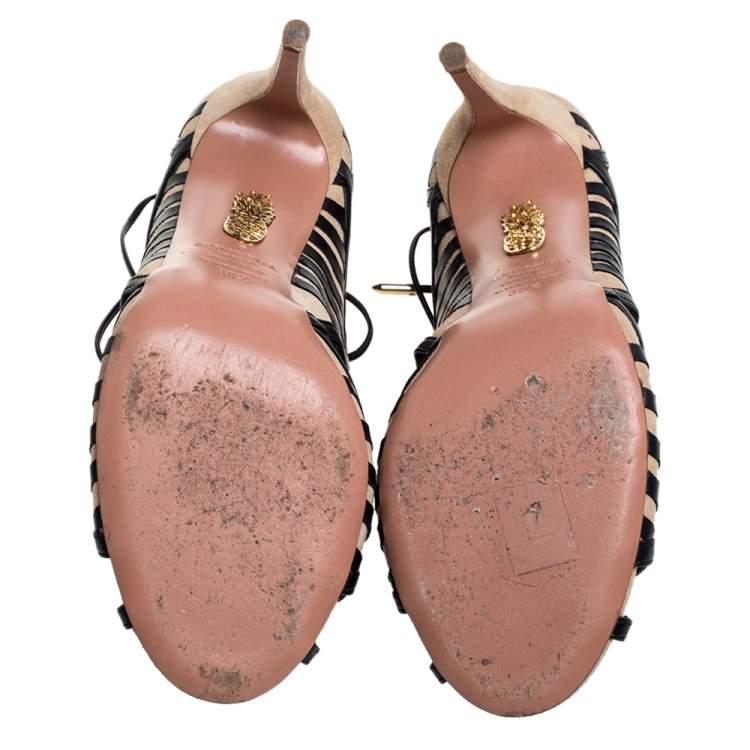 Pre Owned Aquazzura Black/Beige Suede And Leather Tie Up Sandals Size 38.5