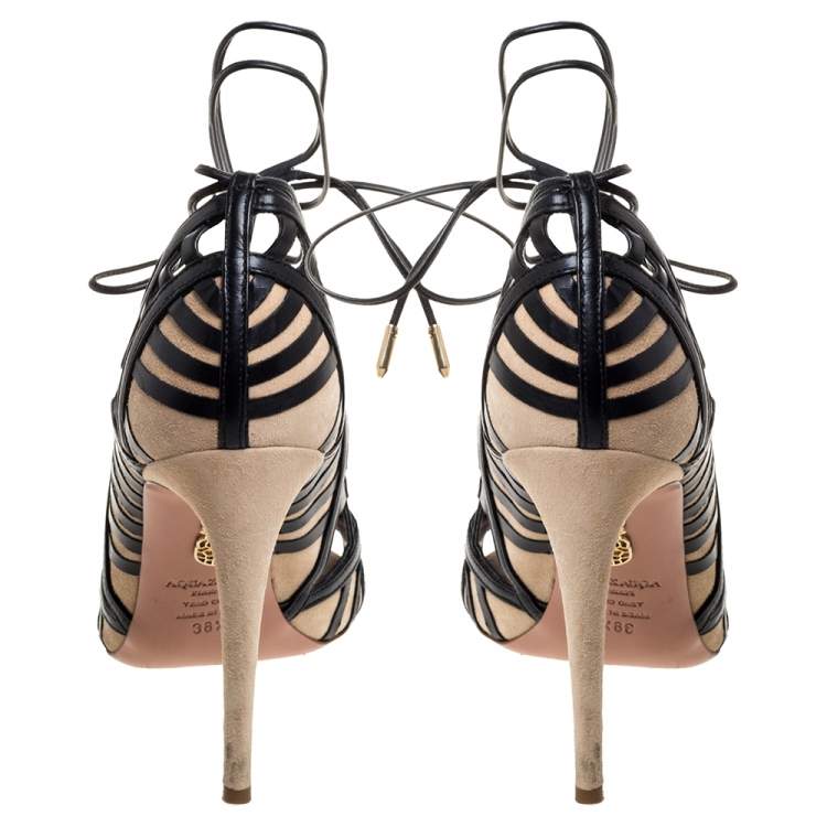 Pre Owned Aquazzura Black/Beige Suede And Leather Tie Up Sandals Size 38.5