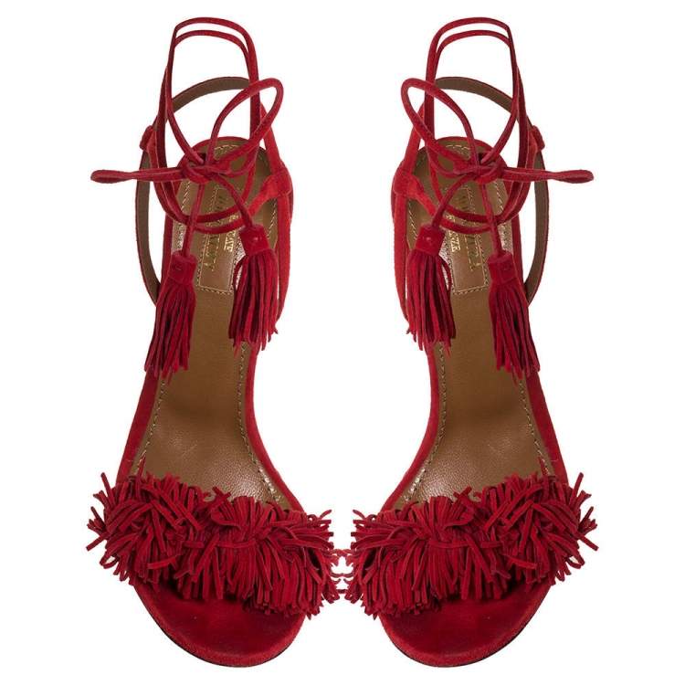 Pre Owned Aquazzura Red Suede Wild Thing Ankle Wrap Sandals Size 36