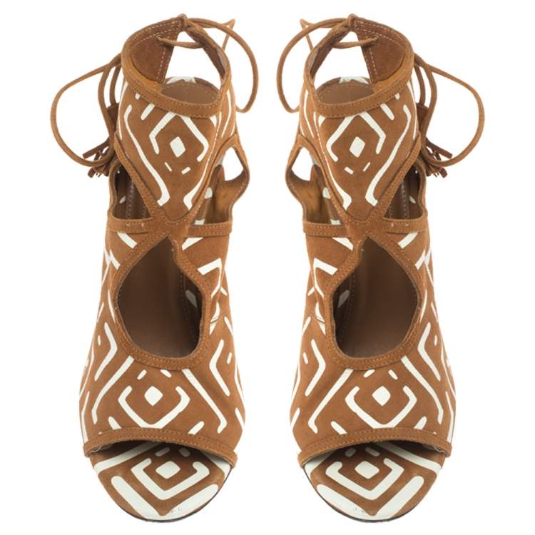 Pre Owned Aquazzura Printed Brown/White Printed Suede Sexy Thing Cutout Sandals Size 37