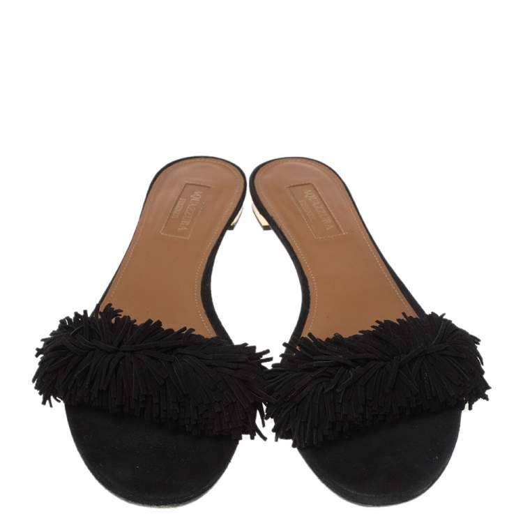 Pre Owned Aquazzura Black Suede Wild Thing Fringe Trimmed Flat Slides Size 37.5