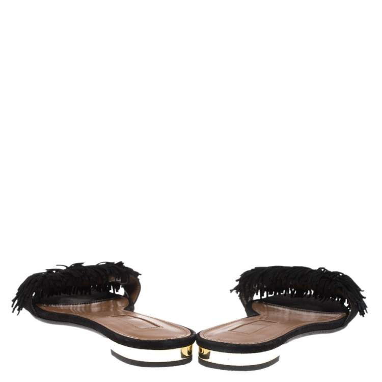 Pre Owned Aquazzura Black Suede Wild Thing Fringe Trimmed Flat Slides Size 37.5