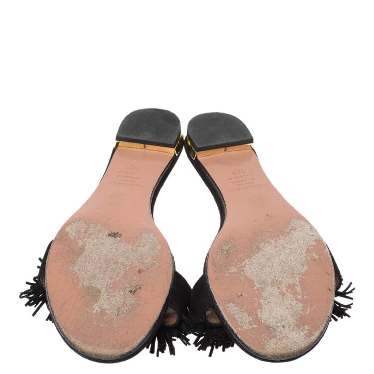 Pre Owned Aquazzura Black Suede Wild Thing Fringe Trimmed Flat Slides Size 37.5