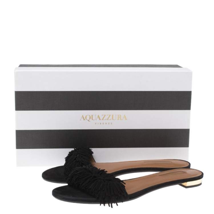 Pre Owned Aquazzura Black Suede Wild Thing Fringe Trimmed Flat Slides Size 37.5