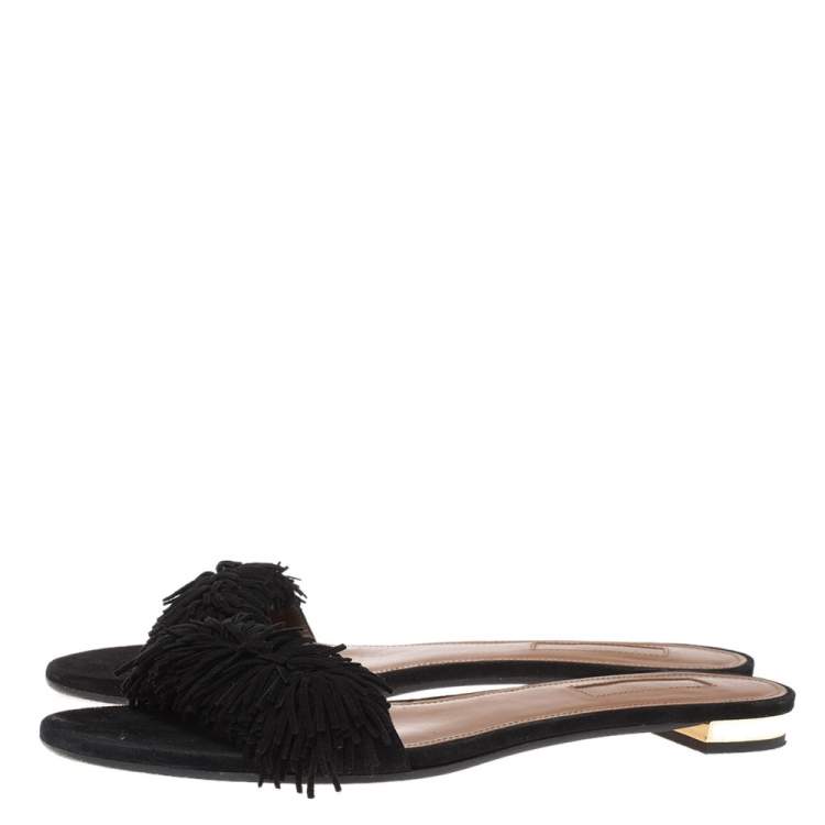 Pre Owned Aquazzura Black Suede Wild Thing Fringe Trimmed Flat Slides Size 37.5