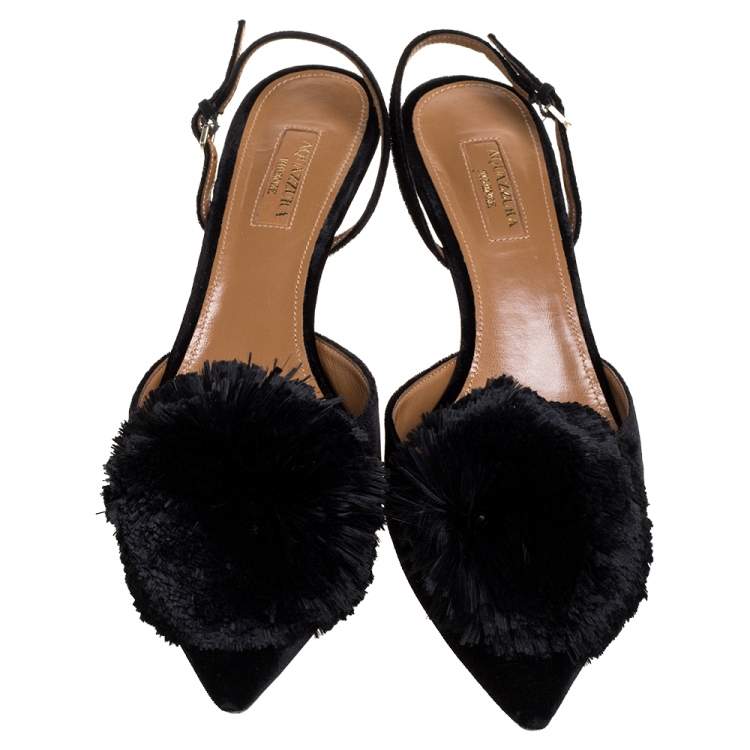 Pre Owned Aquazzura Black Velvet Powder Puff Pompom Kitten Pumps Size 38.5