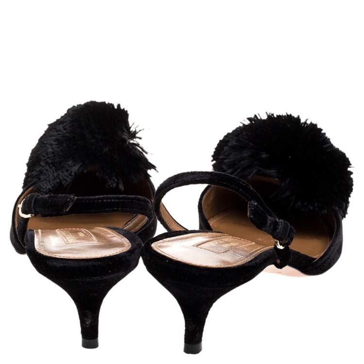 Pre Owned Aquazzura Black Velvet Powder Puff Pompom Kitten Pumps Size 38.5