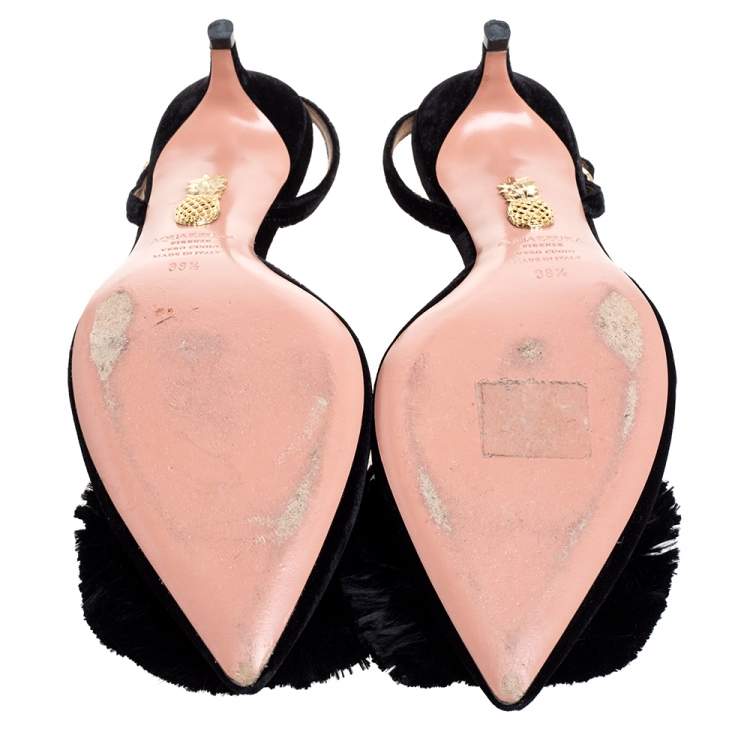 Pre Owned Aquazzura Black Velvet Powder Puff Pompom Kitten Pumps Size 38.5