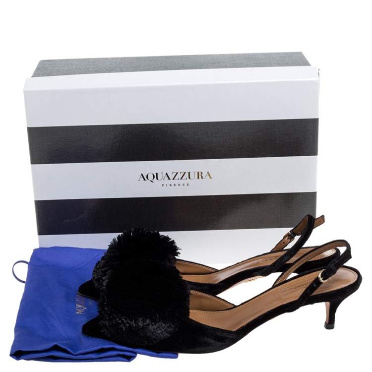 Pre Owned Aquazzura Black Velvet Powder Puff Pompom Kitten Pumps Size 38.5