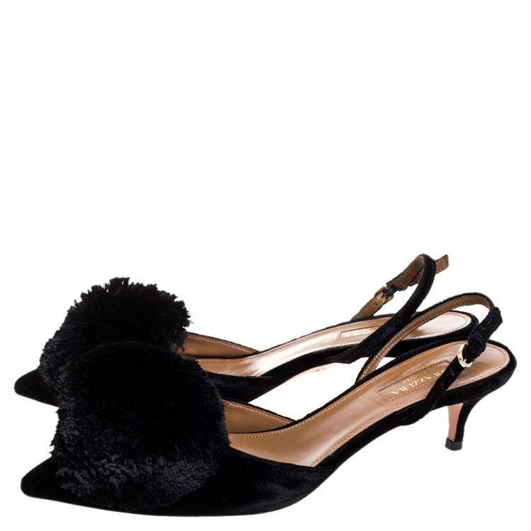 Pre Owned Aquazzura Black Velvet Powder Puff Pompom Kitten Pumps Size 38.5