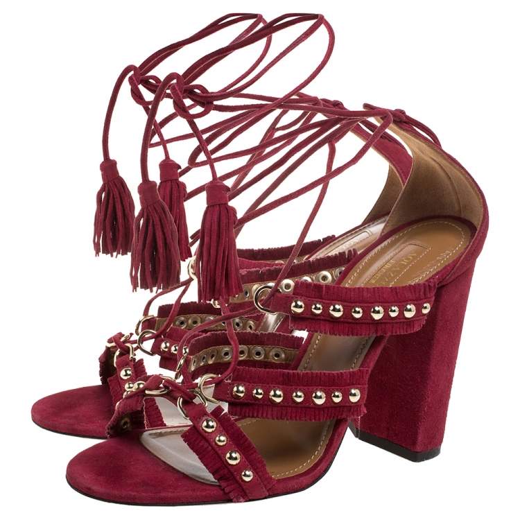Pre Owned Aquazzura Burgundy Suede Leather Tulum Fringe Detail Studded Ankle Wrap Sandals Size 38