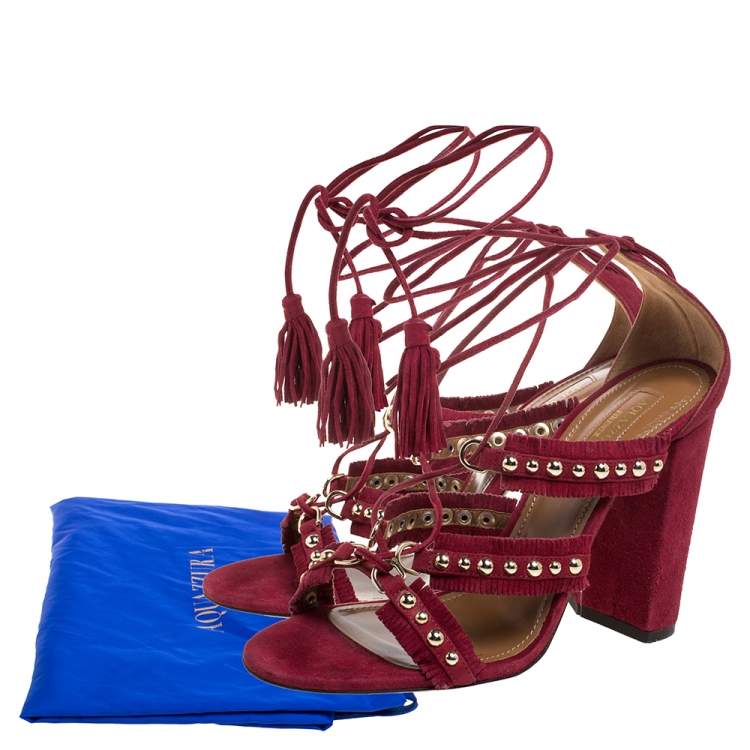 Pre Owned Aquazzura Burgundy Suede Leather Tulum Fringe Detail Studded Ankle Wrap Sandals Size 38