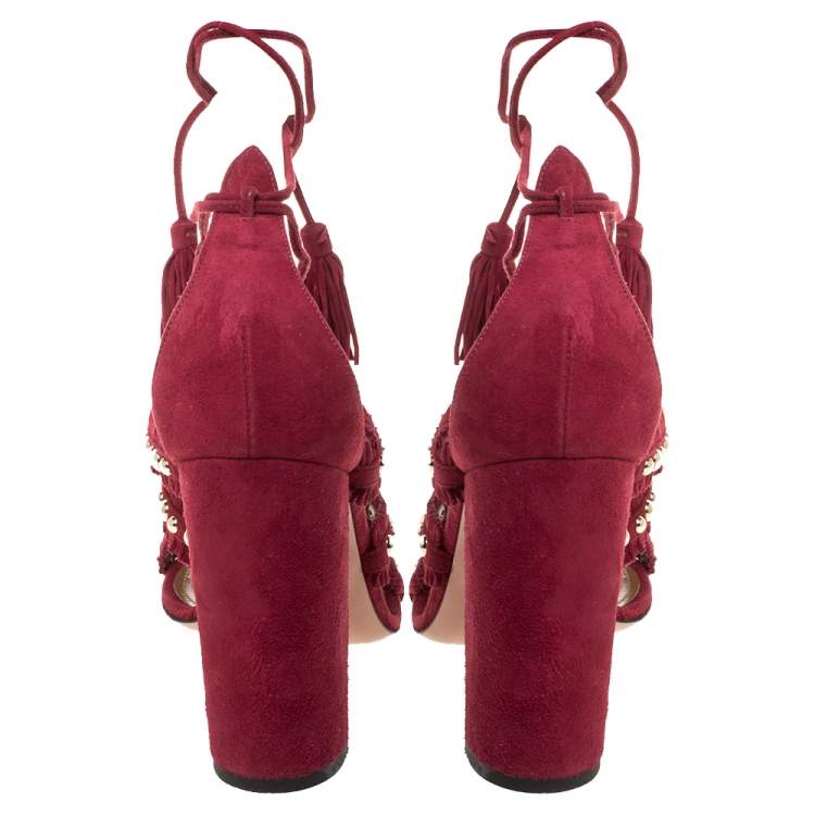 Pre Owned Aquazzura Burgundy Suede Leather Tulum Fringe Detail Studded Ankle Wrap Sandals Size 38