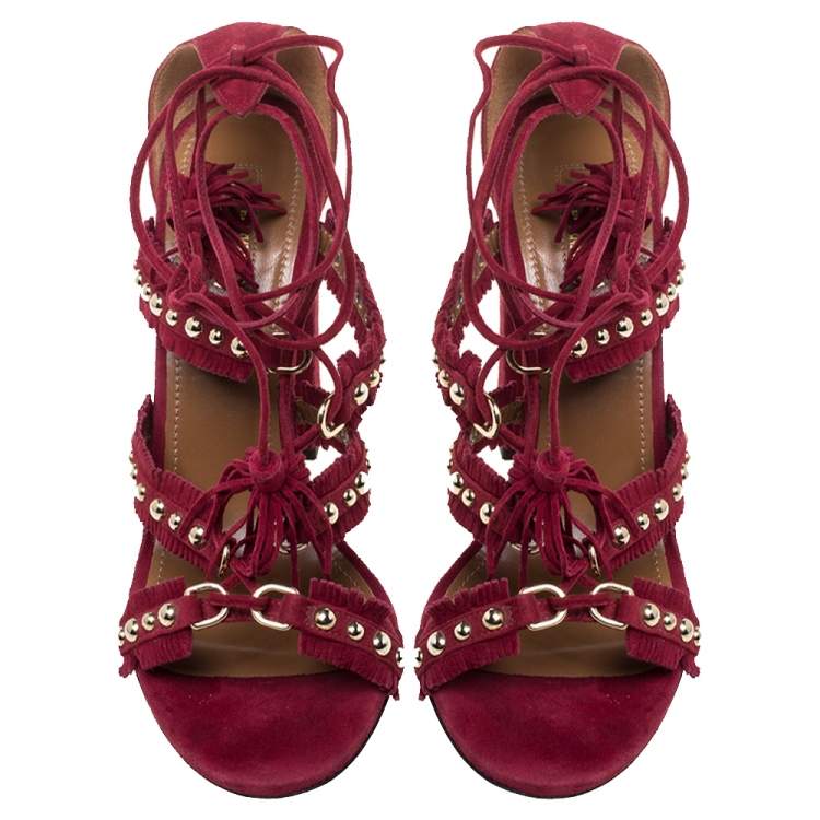 Pre Owned Aquazzura Burgundy Suede Leather Tulum Fringe Detail Studded Ankle Wrap Sandals Size 38