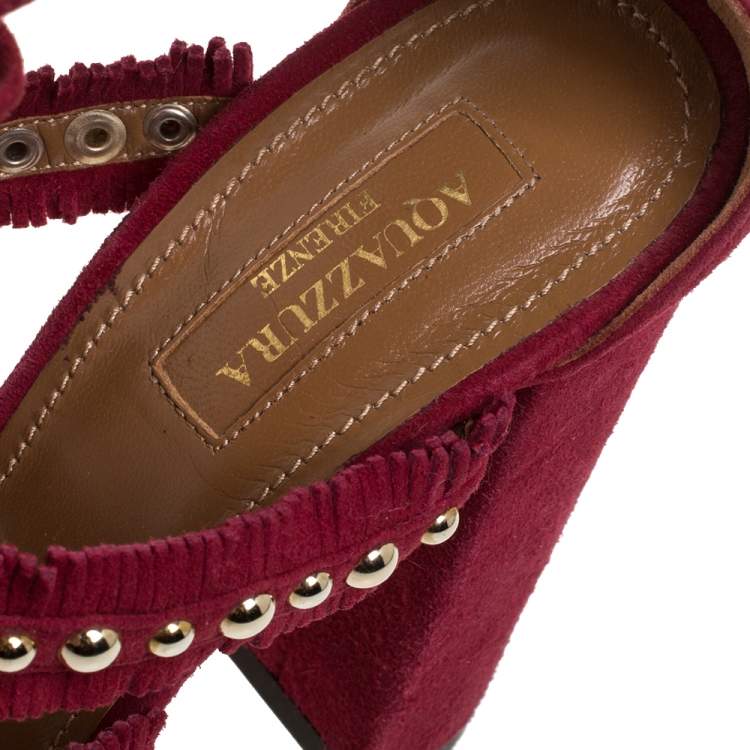 Pre Owned Aquazzura Burgundy Suede Leather Tulum Fringe Detail Studded Ankle Wrap Sandals Size 38