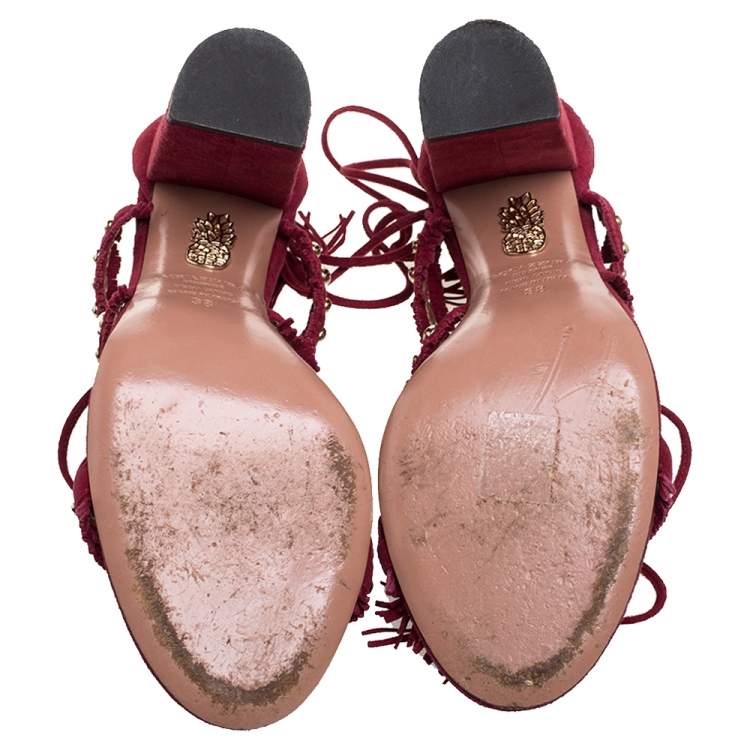 Pre Owned Aquazzura Burgundy Suede Leather Tulum Fringe Detail Studded Ankle Wrap Sandals Size 38