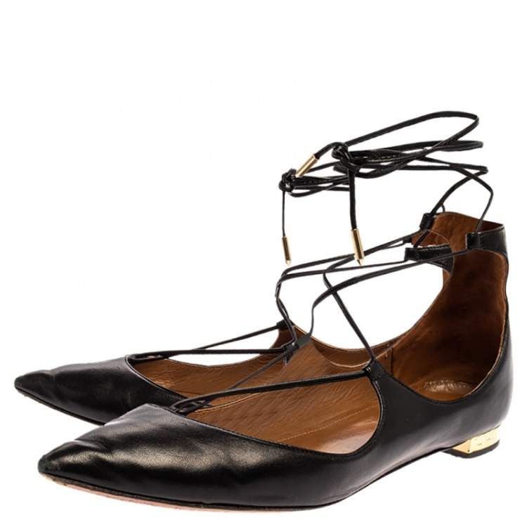 Pre Owned Aquazzura Black Leather Christy Flat Sandals Size 38