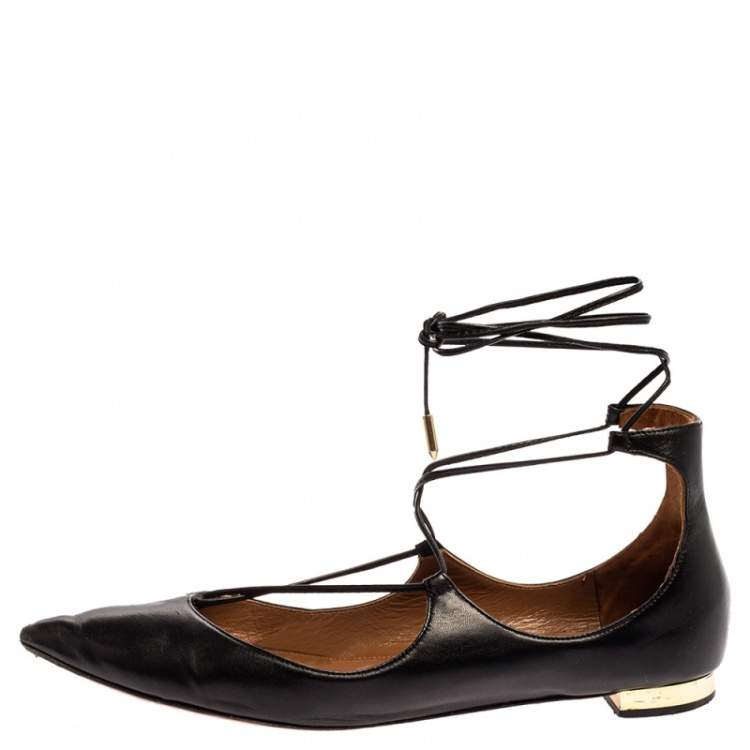Pre Owned Aquazzura Black Leather Christy Flat Sandals Size 38