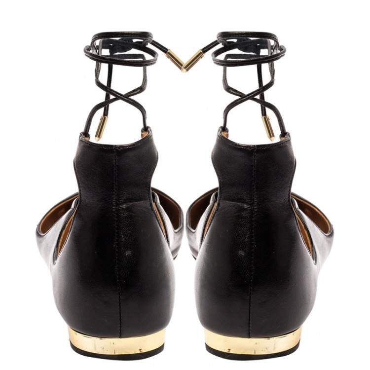 Pre Owned Aquazzura Black Leather Christy Flat Sandals Size 38