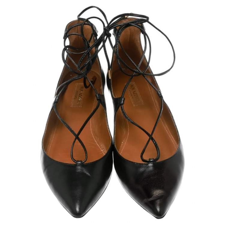 Pre Owned Aquazzura Black Leather Christy Flat Sandals Size 38