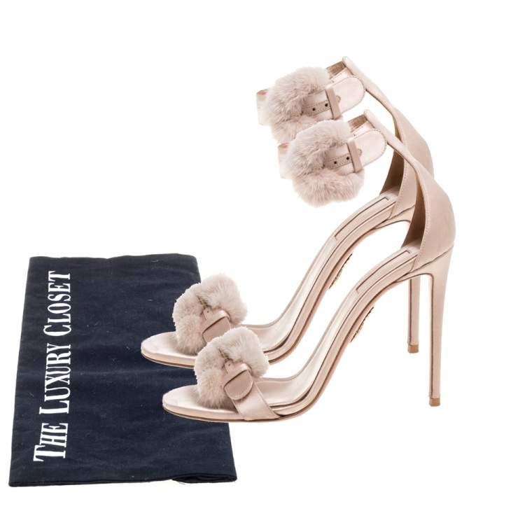 مملوكة مسبقًا Aquazzura Beige Satin Sinatra Mink Trim Ankle Strap Sandals Size 40
