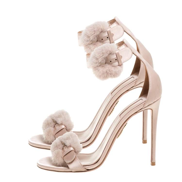 مملوكة مسبقًا Aquazzura Beige Satin Sinatra Mink Trim Ankle Strap Sandals Size 40