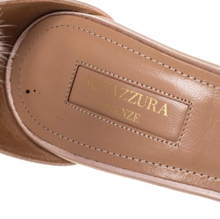 مملوكة مسبقًا Aquazzura Beige Satin Sinatra Mink Trim Ankle Strap Sandals Size 40