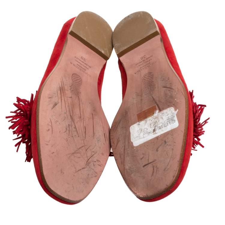 مملوكة مسبقًا Aquazzura Red Suede Leather Wild Thing Fringe Slip On Loafers Size 38