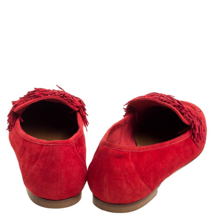مملوكة مسبقًا Aquazzura Red Suede Leather Wild Thing Fringe Slip On Loafers Size 38