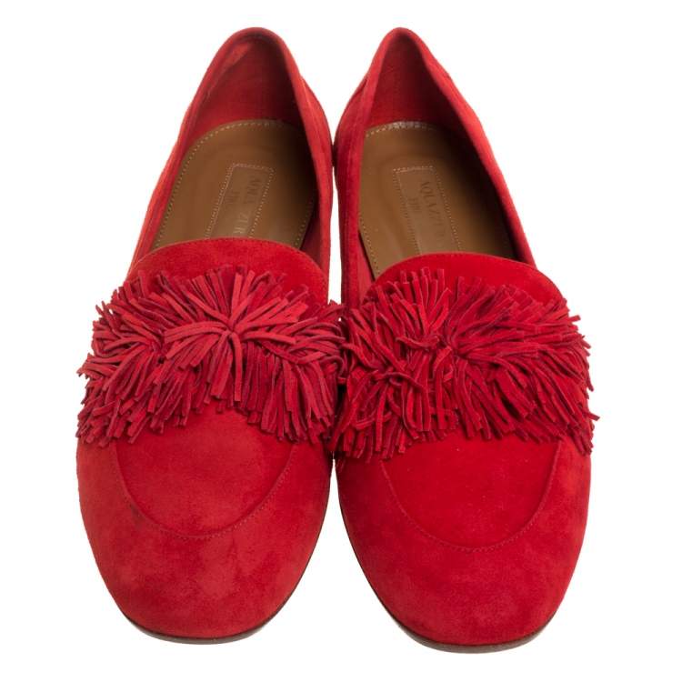 مملوكة مسبقًا Aquazzura Red Suede Leather Wild Thing Fringe Slip On Loafers Size 38
