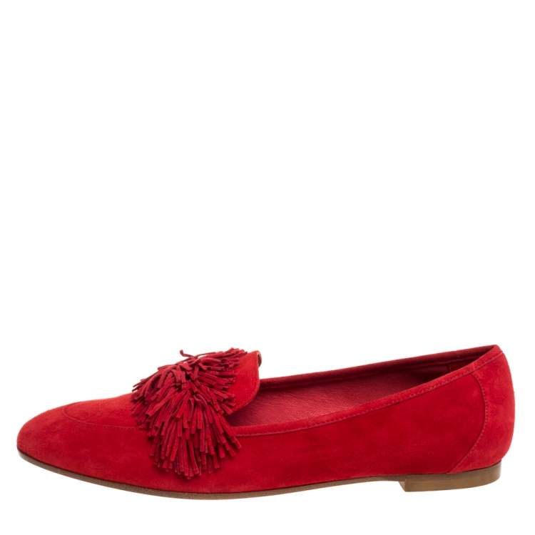 مملوكة مسبقًا Aquazzura Red Suede Leather Wild Thing Fringe Slip On Loafers Size 38