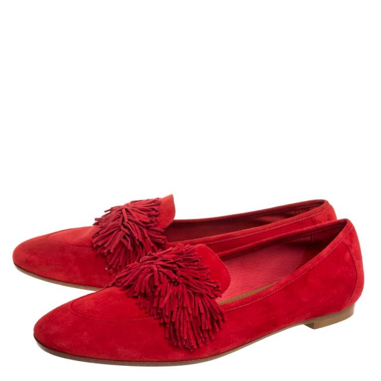 مملوكة مسبقًا Aquazzura Red Suede Leather Wild Thing Fringe Slip On Loafers Size 38
