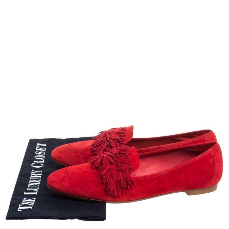 مملوكة مسبقًا Aquazzura Red Suede Leather Wild Thing Fringe Slip On Loafers Size 38
