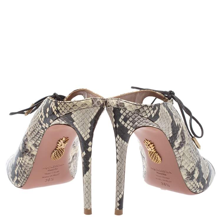 Pre Owned Aquazzura Cream/Black Python Embossed Leather Tie Up Sandals Size 38.5