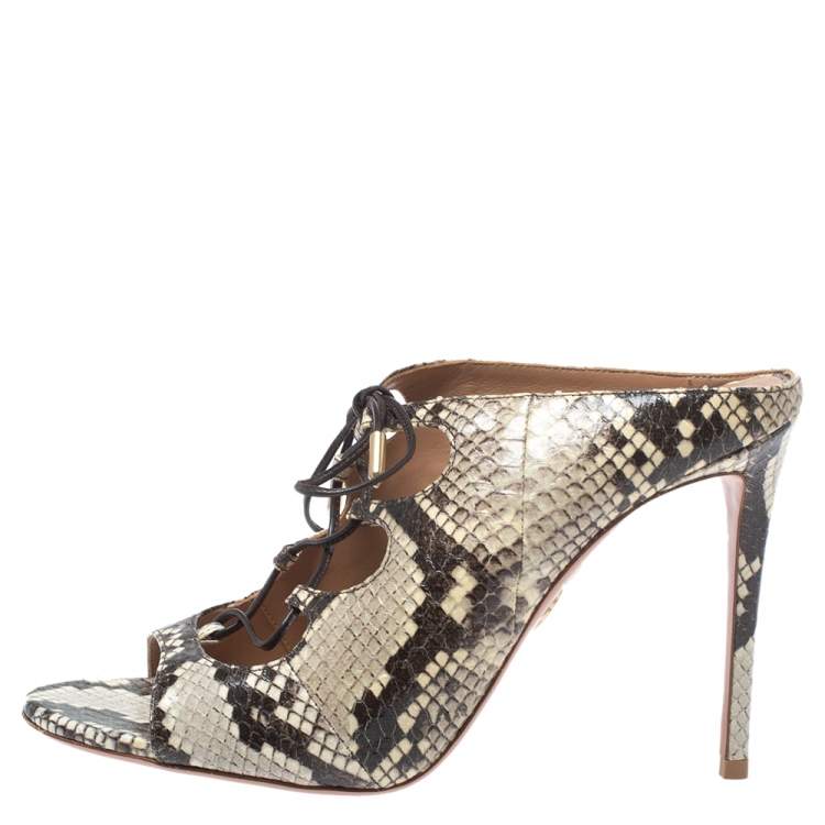 Pre Owned Aquazzura Cream/Black Python Embossed Leather Tie Up Sandals Size 38.5