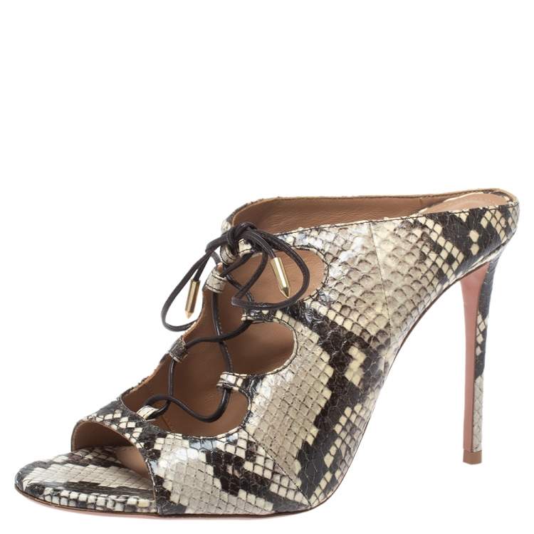 Pre Owned Aquazzura Cream/Black Python Embossed Leather Tie Up Sandals Size 38.5