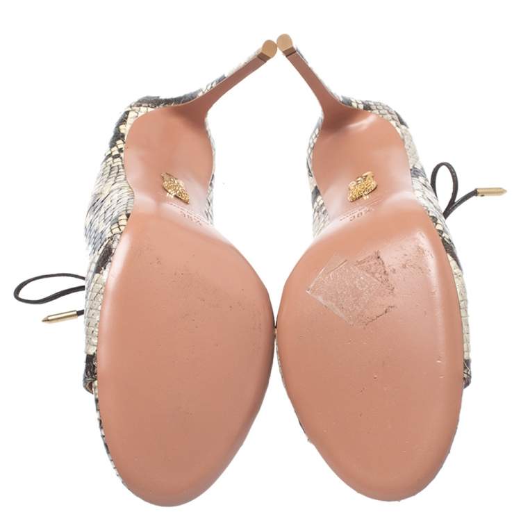 Pre Owned Aquazzura Cream/Black Python Embossed Leather Tie Up Sandals Size 38.5