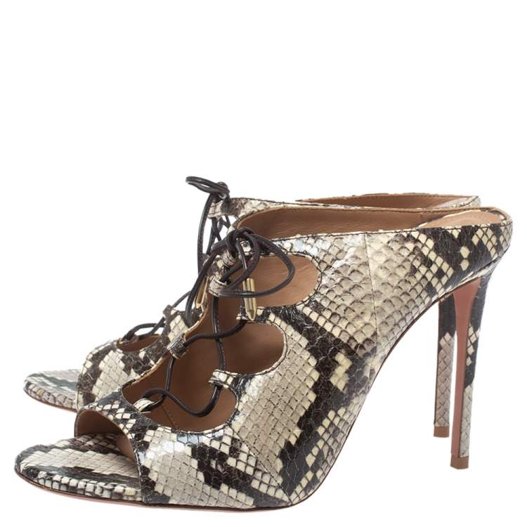 Pre Owned Aquazzura Cream/Black Python Embossed Leather Tie Up Sandals Size 38.5